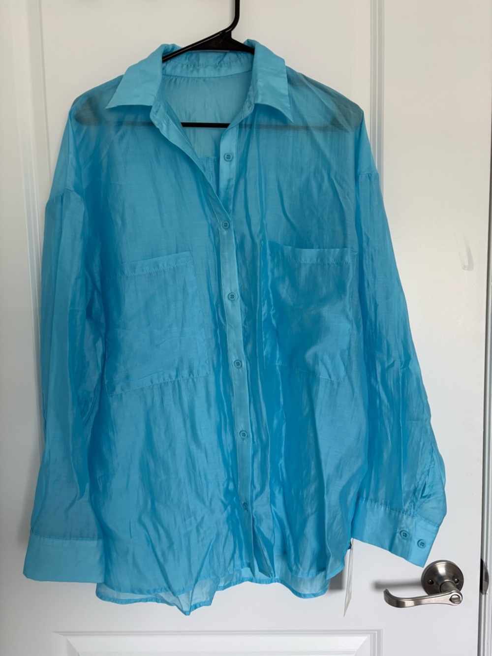 NWT HALARA Sheer Turquoise Blue Button-Up Shirt